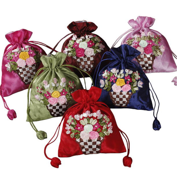 Juego de bolsas de regalo bordadas con cinta, 10 bolsas con cordón floral