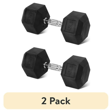 (2 pack) BalanceFrom Rubber Encased Hex Dumbbell, 45lbs, Single, Black, for Strength Training, Metal Handle