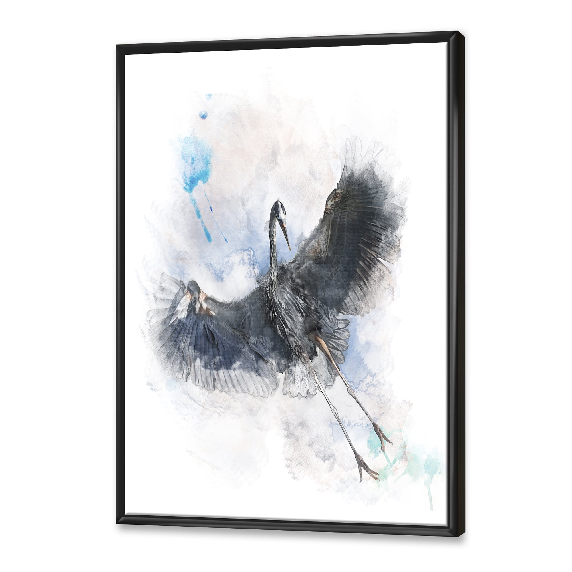 Designart 'Great Dark Blue Heron Bird Illustration' Farmhouse Framed Canvas Wall Art Print