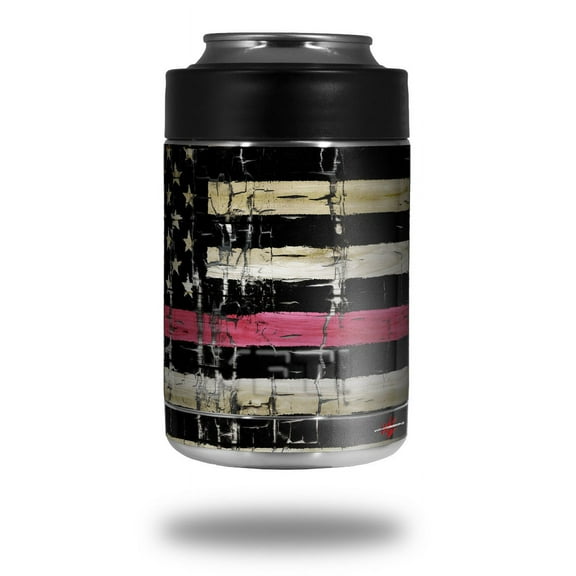 Skin Decal Wrap for Yeti Colster, Ozark Trail and RTIC Can Coolers - Painted Faded and Cracked Pink Line USA American Flag (COOLER NOT INCLUDED) by WraptorSkinz