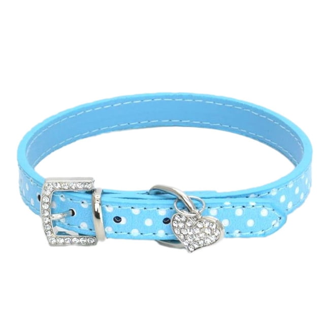 Collar de perro cachorro con diseño de lunares, collar con colgante de corazón, con hebilla de metal ajustable, cuero de PU suave L Salvador Collar de perro