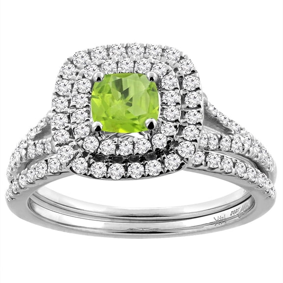 14K White Gold Diamond Halo Natural Peridot 2pc Engagement Ring Set Cushion 6x6 mm, size 5