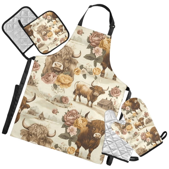Ryvnso Highland Cattle Flower-w1 Kitchen Apron Oven Mitts Set Pot Holders