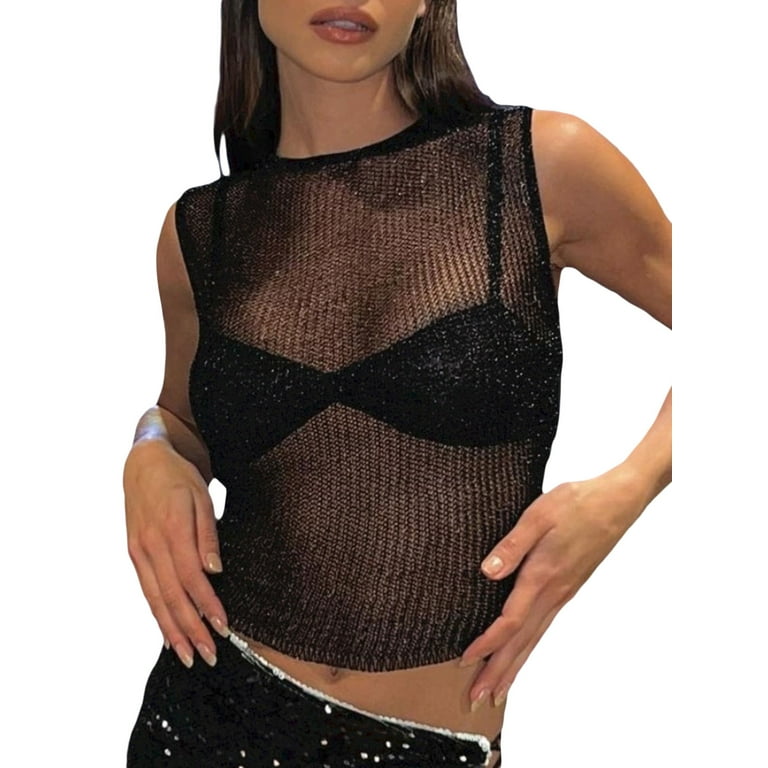 wybzd Women Summer Short Skinny Vest Tops Sleeveless Sheer Mesh Cover Up  See Through Crop Top Grunge Streetwear Black XL