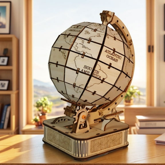 3D Wooden Puzzles Globe Model Kit, 360° Earth Display with Mechanical Transmission, DIY Building Set Gift for Adults