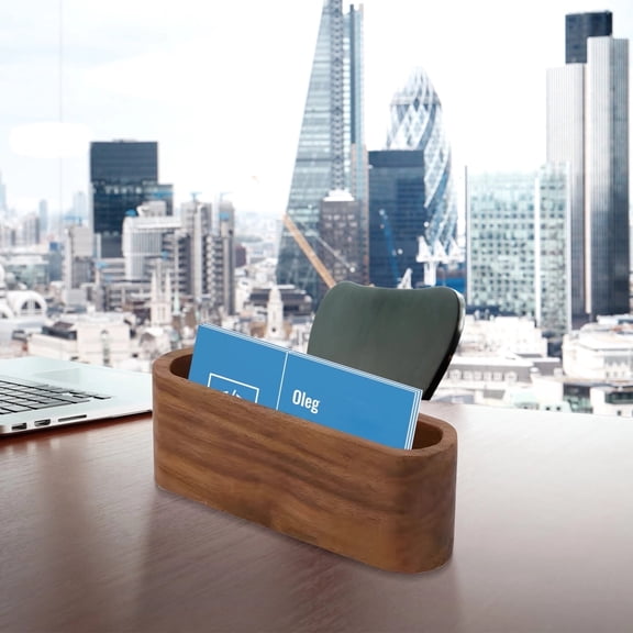 4 Pcs Walnut Wood Business Card Holder, Elegant Office Desk Organizer with Natural Grain, 4 Pack