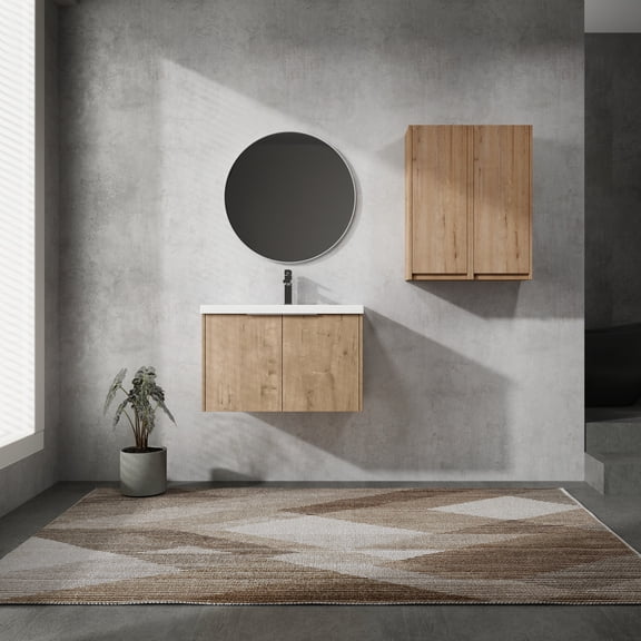 Noble House 30" Floating Bathroom Vanity, Resin Sink, Soft-Close Doors, Tall Side Cabinet, Modern Design, Imitative Oak