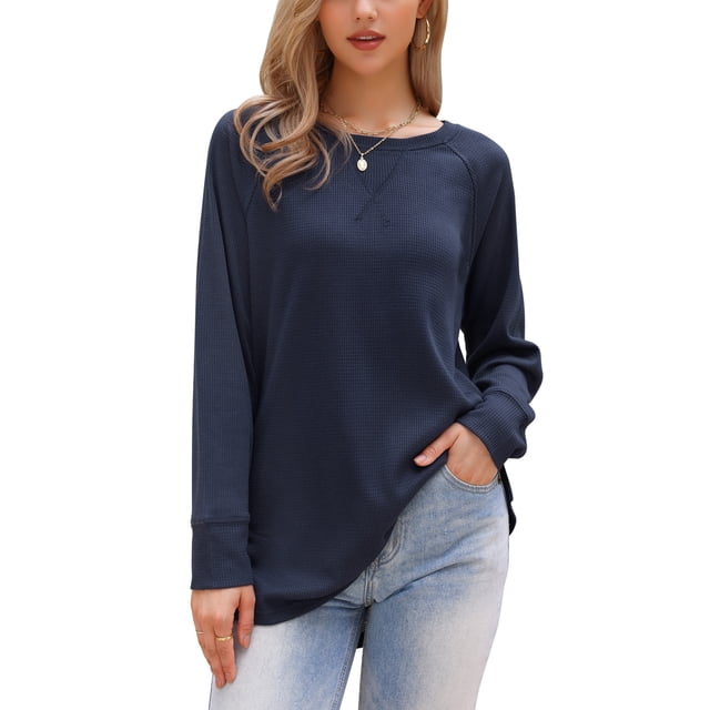 Camiseta de punto waffle Inspire Chic para mujeres, blusa básica de manga larga con cuello redondo, casual de otoño, XS, azul oscuro