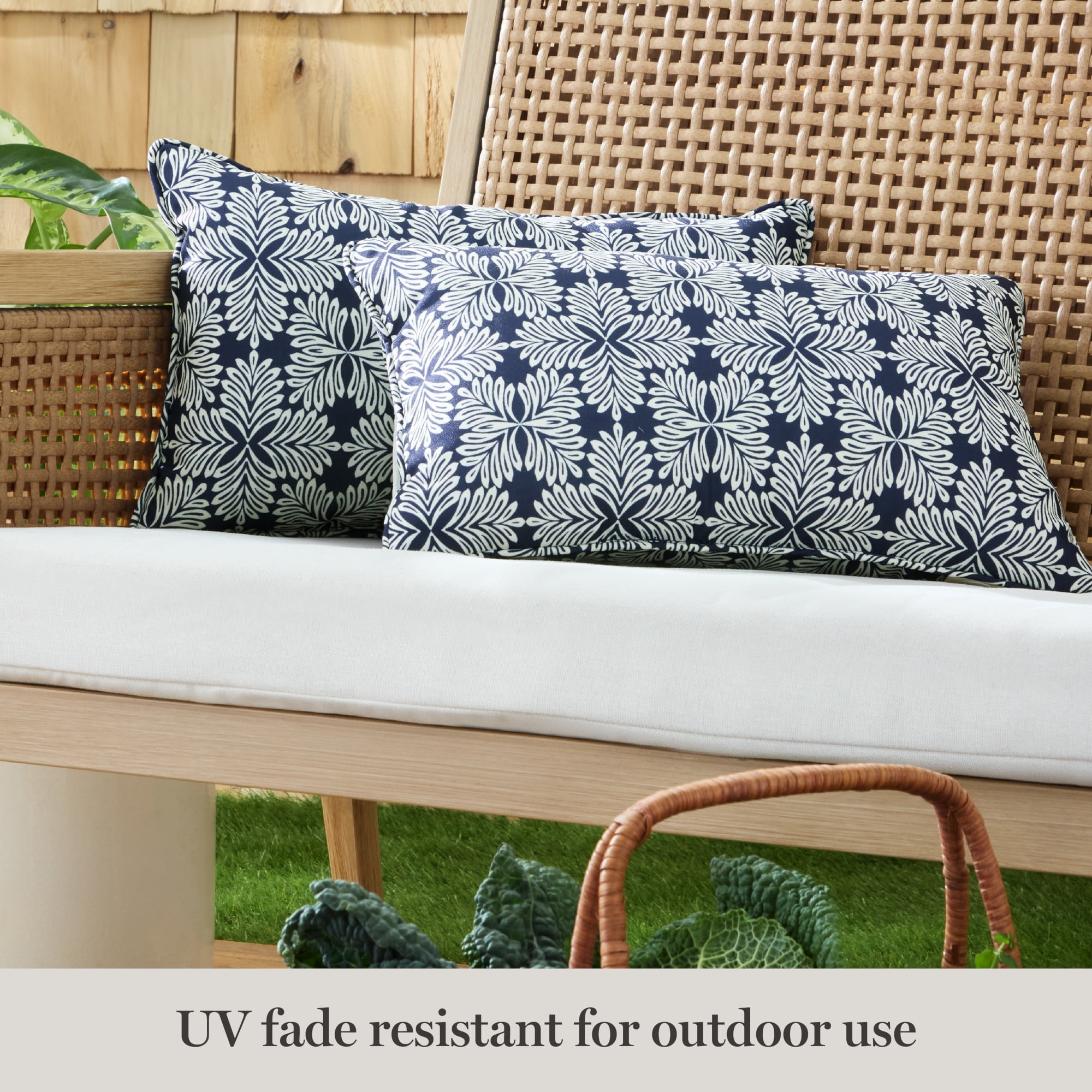 MARTHA STEWART Tulum Indoor Outdoor Decorative Lumbar Pillow 2-Pack Set, UV Fade Resistant, Water Repellent, Printed Modern Design, Navy Blue, 11"x18"