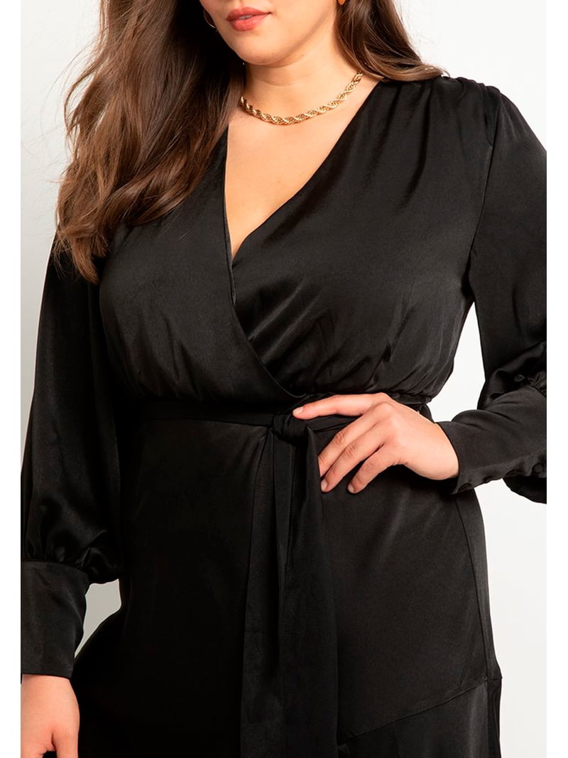 eloquii women's plus size satin maxi dress Satin Maxi Dress with Strong Shoulders, Black Onyx