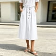 thumbnail image 2 of HBGVBA Women Linen Midi Skirt with Pockets,Solid Color Faux Skirt Elastic Waist Front Button Split Pocket Ankle Length, 2 of 5