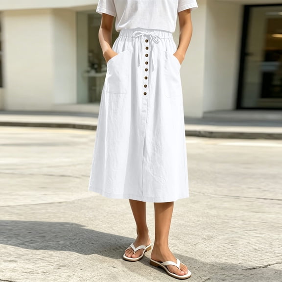 Split Hem Midi Skirt For Women, Solid Color Elastic Waist Loose Skirt With Button Detail & Pockets, Casual Summer Work Skirt, Comfy High Waisted Trendy Skirt White XL