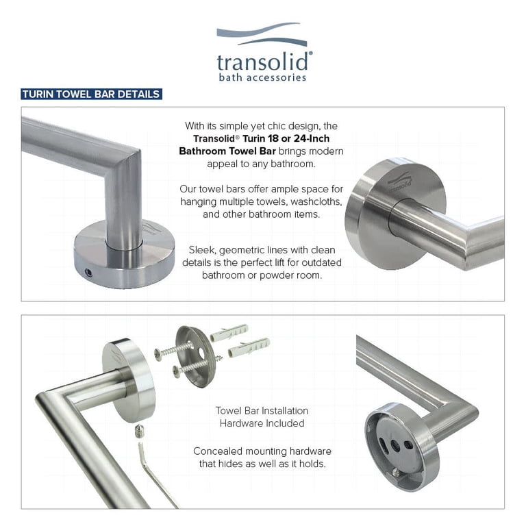 Transolid Turin 18-Inch Towel Bar In Polished Chrome - Heavy-Duty 304 Stainless Steel, Surface Mount