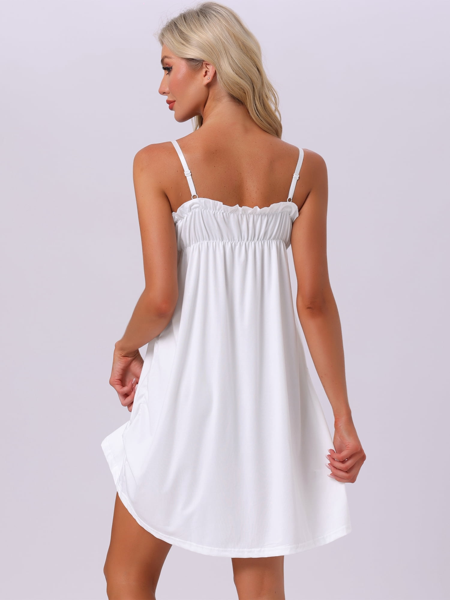 DARING DIVA Women's Ruffle Sleeveless V Neck Nightgown Chemise Loungewear S White