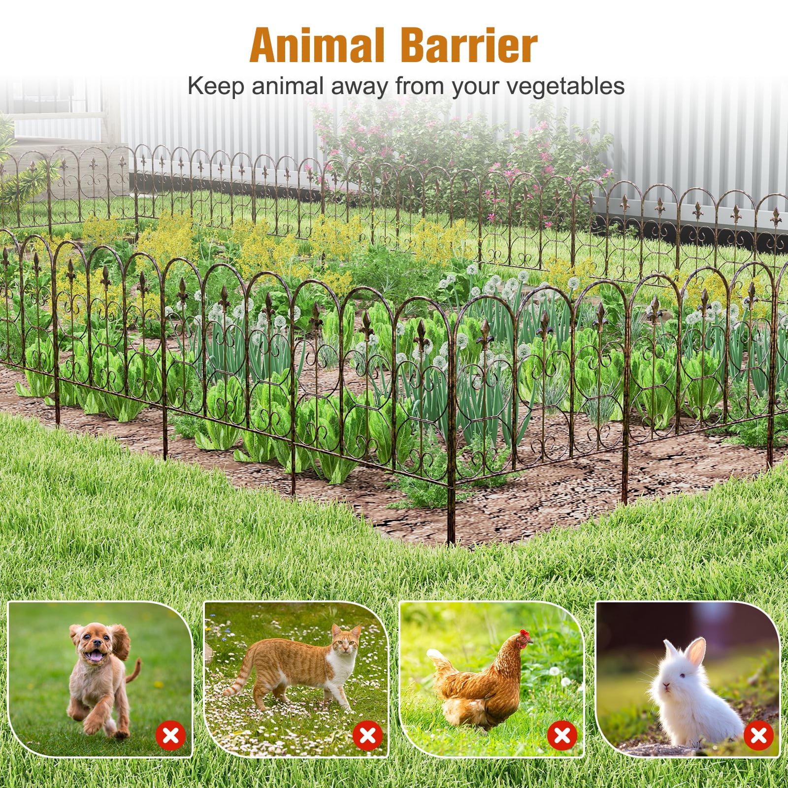 Kinbor 5 Panels Decorative Garden Fence Border, 31.7in (H) x 10ft (L) Metal Garden Fencing Animal Barrier for Dogs, Black Gold