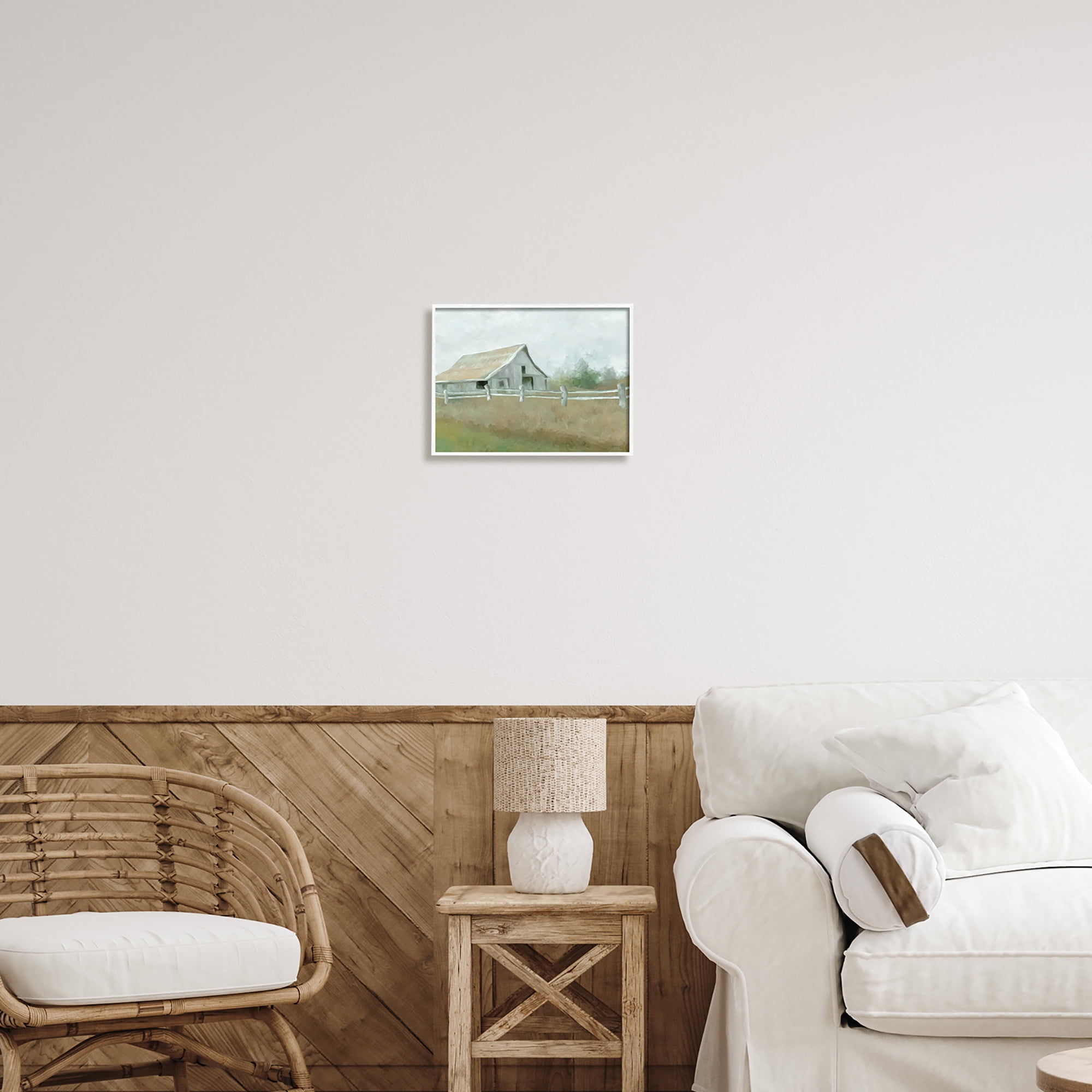 Stupell Industries Rural Farmland Fence Nature Painting White Framed Art Print Wall Art, 14 x 11