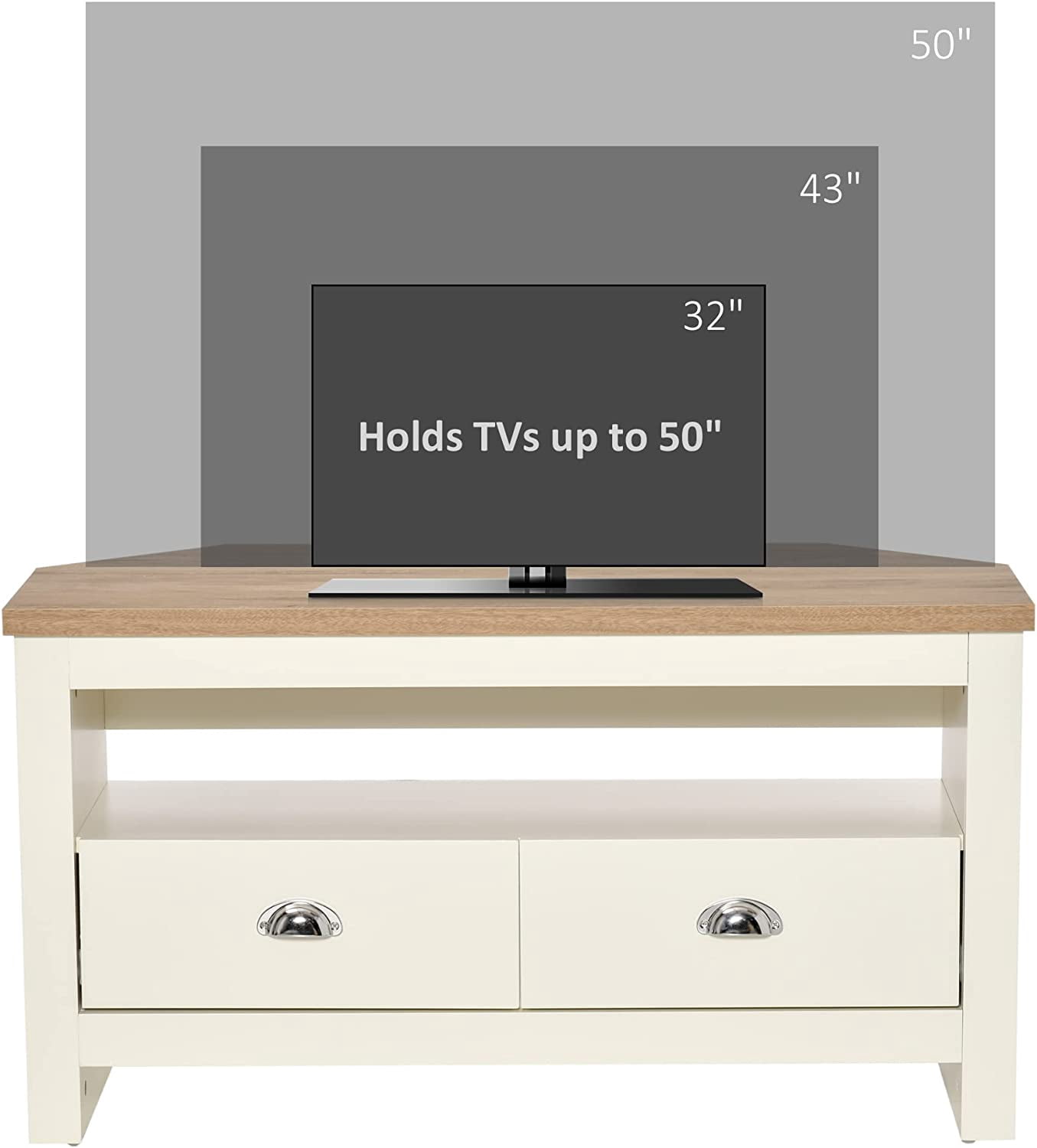 Corner TV Stand Up to 50", Entertainment Center TV Console Table with Drawers and Open Storage Compartment for Living Room, White