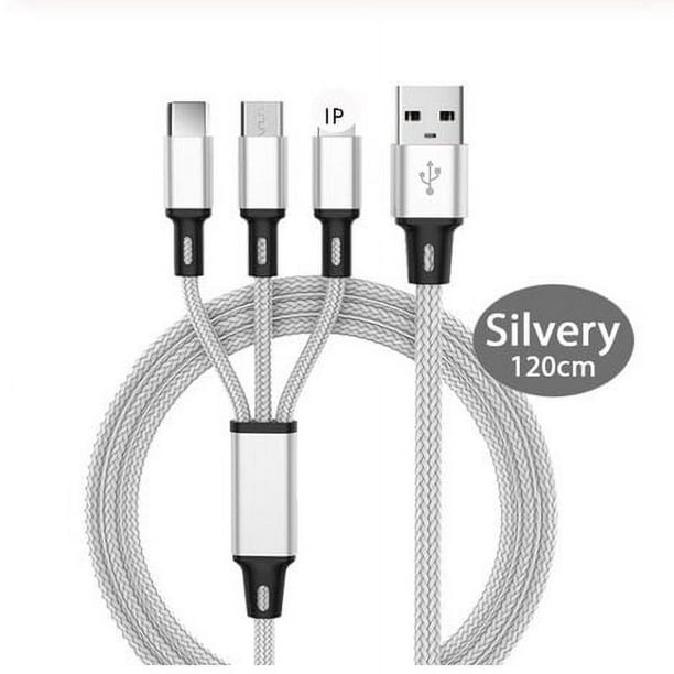 Cable de carga múltiple, paquete de 3, cable USB trenzado de nailon 3 en 1 de 120 cm con cable USB C, cable micro USB, compatible con iPhone, cable de carga USB Android de carga rápida