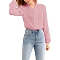 thumbnail image 3 of Women Dressy Casual Blouse Business Long Sleeve Tops Ruffle V Neck Work Shirt Fall Outfit Pink L, 3 of 8