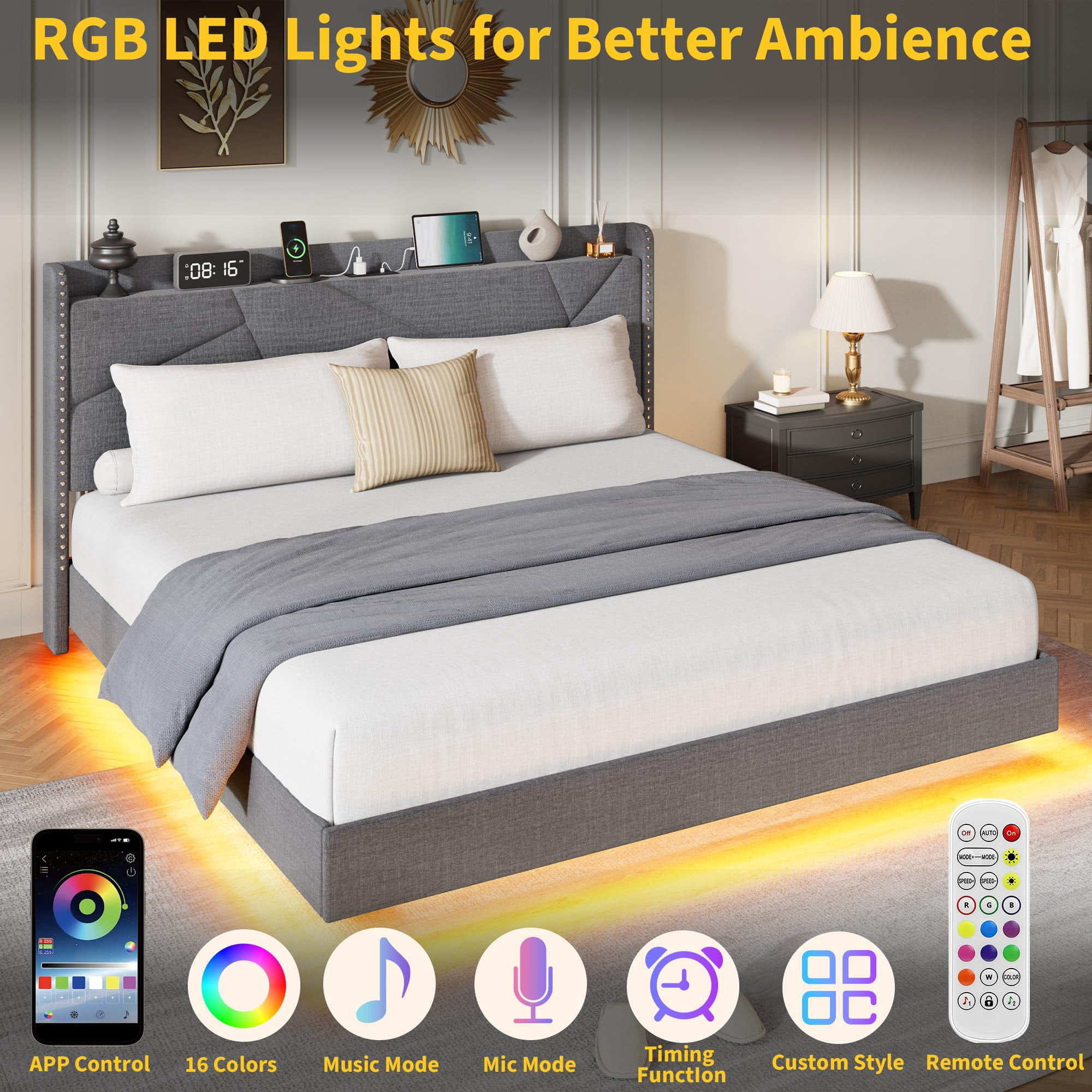 Huisuilinss Floating Bed Frame Full,Queen Size Upholstered Platform Bed With LED Lights & Charging Station,Storage Headboard & Folding Shelves Storage,Metal Slats Support,No Box Spring Needed