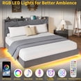 thumbnail image 3 of King Size Floating Bed Frame with LED Lights & Charging Station - Upholstered Platform Bed with Storage Headboard, Folding Shelves & Metal Slats, No Box Spring Needed, Grey, 3 of 8