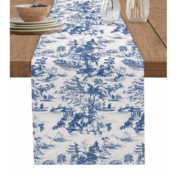 Boanket Blue Garden Retro Table Runner - 48 Inch Long, Kitchen Dining Table Runner Dresser Scarves, Modern Art Building Tree Boat Farmhouse Decor for Coffee Tables Wedding Party Banquet