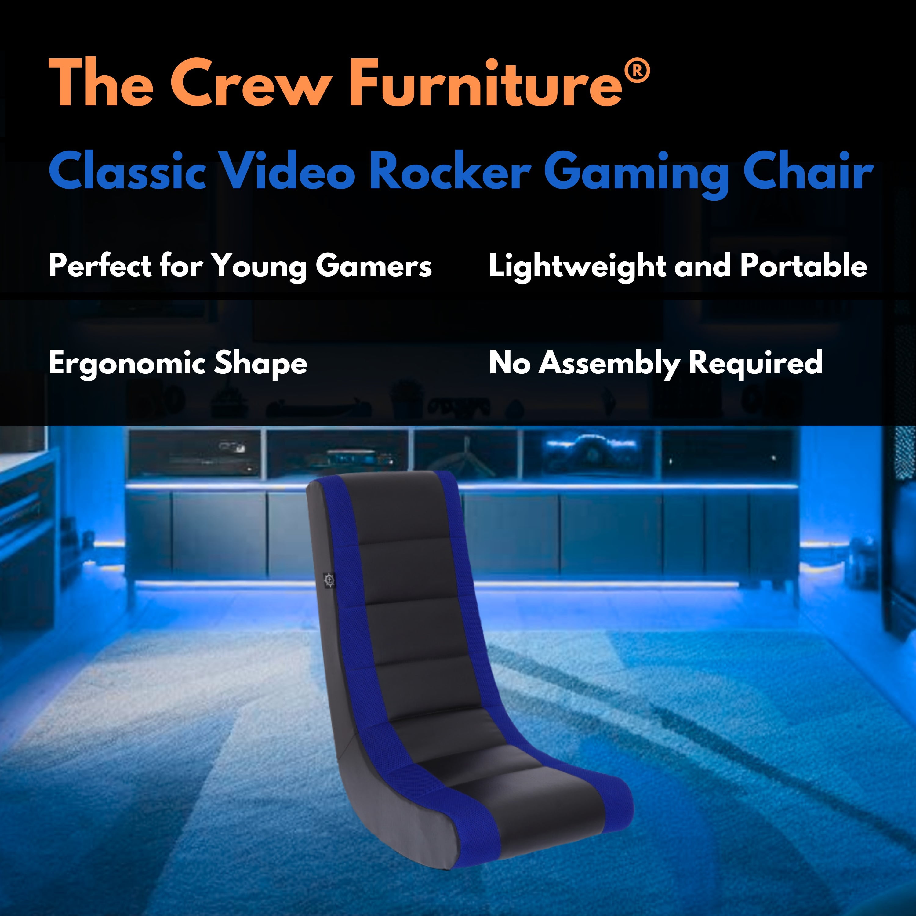 The Crew Furniture Classic Video Rocker Floor Gaming Chair, Kids and Teens, PU Faux Leather & Polyester Mesh, Black/Blue