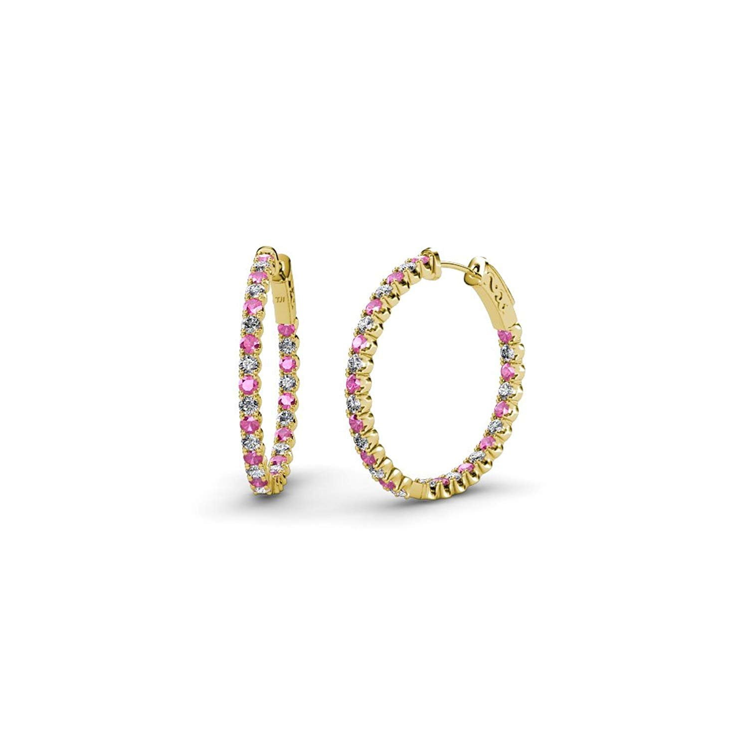 Pink Sapphire and Diamond (SI2-I1, G-H) Inside-Out Hoop Earrings 1.35 ct tw in 14K Yellow Gold by TriJewels