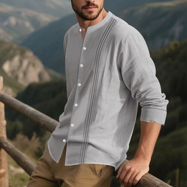 pstuiky camisa de manga larga para hombre, Blusa/camiseta informal a rayas de manga larga con cuello alto y botones para hombre Tops de talla grande para hombre xl