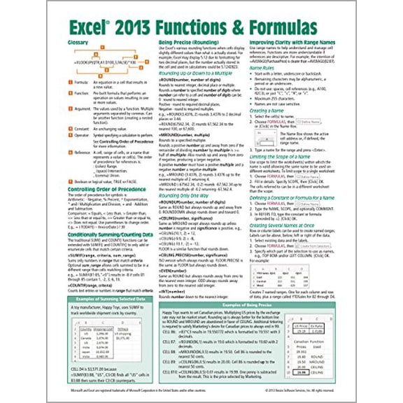 Pre-Owned Microsoft Excel 2013 Functions & Formulas Quick Reference Card (4-page Cheat Sheet focusing on examples and context for intermediate-to-advanced functions and formulas- Laminated Guide)