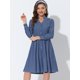 thumbnail image 3 of Allegra K Vestido camisero plisado con botones y manga farol con cuello en V y cuello alto para mujer Azul XL, 3 of 5