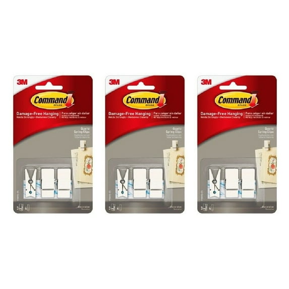 3M Command Spring Clips Quartz Small Plastic 3 Clips 4 Strips Damage Free 3-Pack