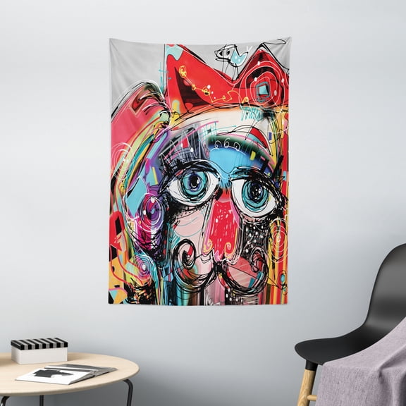 Art Decor Tapestry, Grafitti like Sketchy Colorful Painting with Human like Face Dog Animal Image , Wall Hanging for Bedroom Living Room Dorm Decor, 40W X 60L Inches, Multi Colored, by Ambesonne