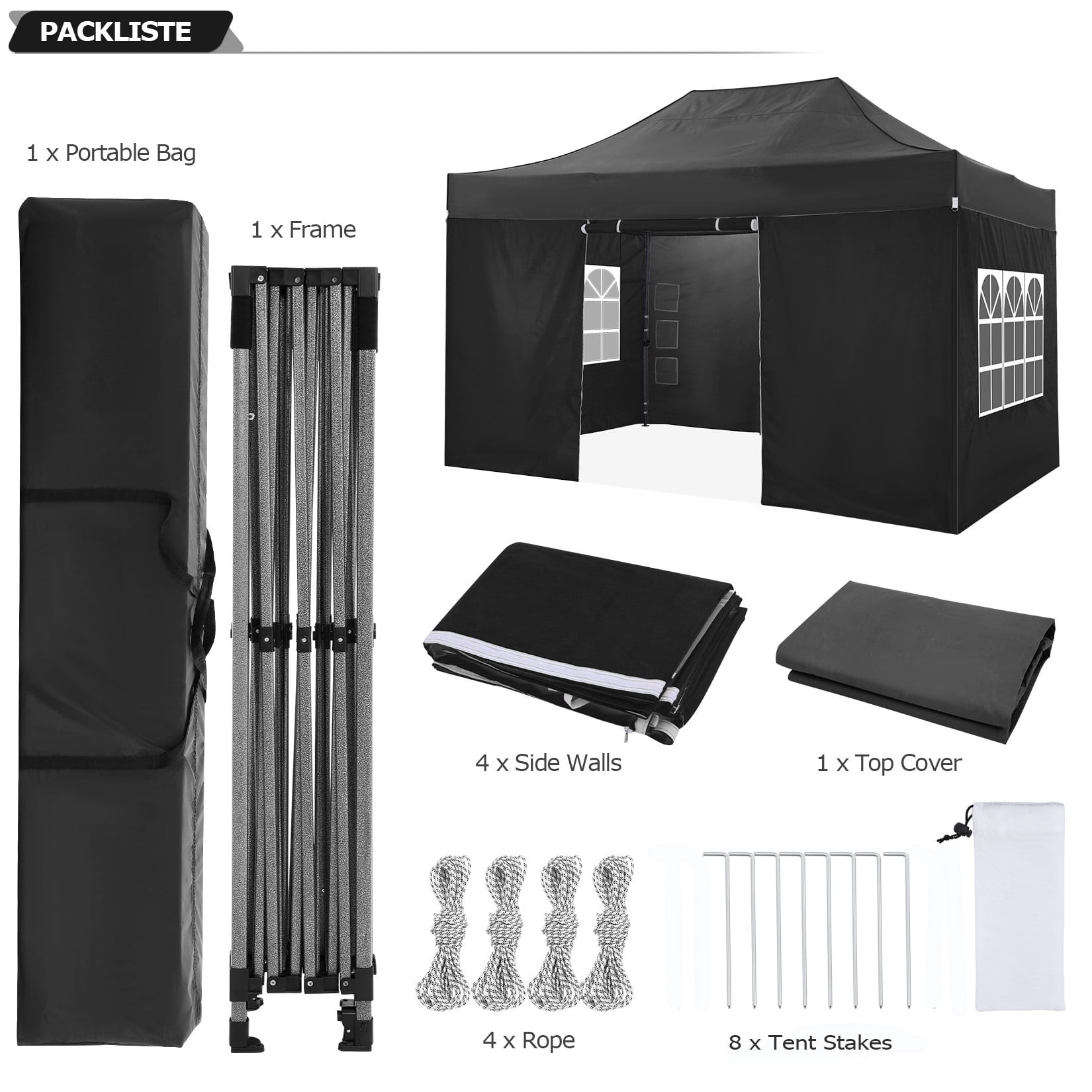 COBIZI 10x15FT Heavy Duty Pop Up Canopy Tent with 4 Sidewalls, Waterproof & Windproof, Easy Setup Outdoor Shelter for Weddings, Parties & BBQ, Includes Stakes, Sandbags, Ropes & Carry Bag, Black