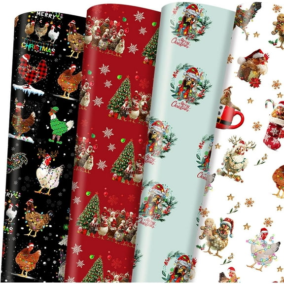 Neighborly Nook 12 Sheet Christmas Wrapping Paper Not Roll Vintage Funny Animal Gift Wrap Folded Flat for DIY Crafts Birthday Holiday Xmas Party Supplies,20" x 28"(White,Mint Green,Black,Red,Chicken)