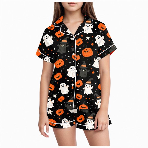 CAICJ98 Halloween Pajamas Girls Short Sleeve Button Down Pjs With Shorts Sleepwear Pumpkin Ghost Print Loungewear Girls' Pajama Sets (Orange,8-9 Years)