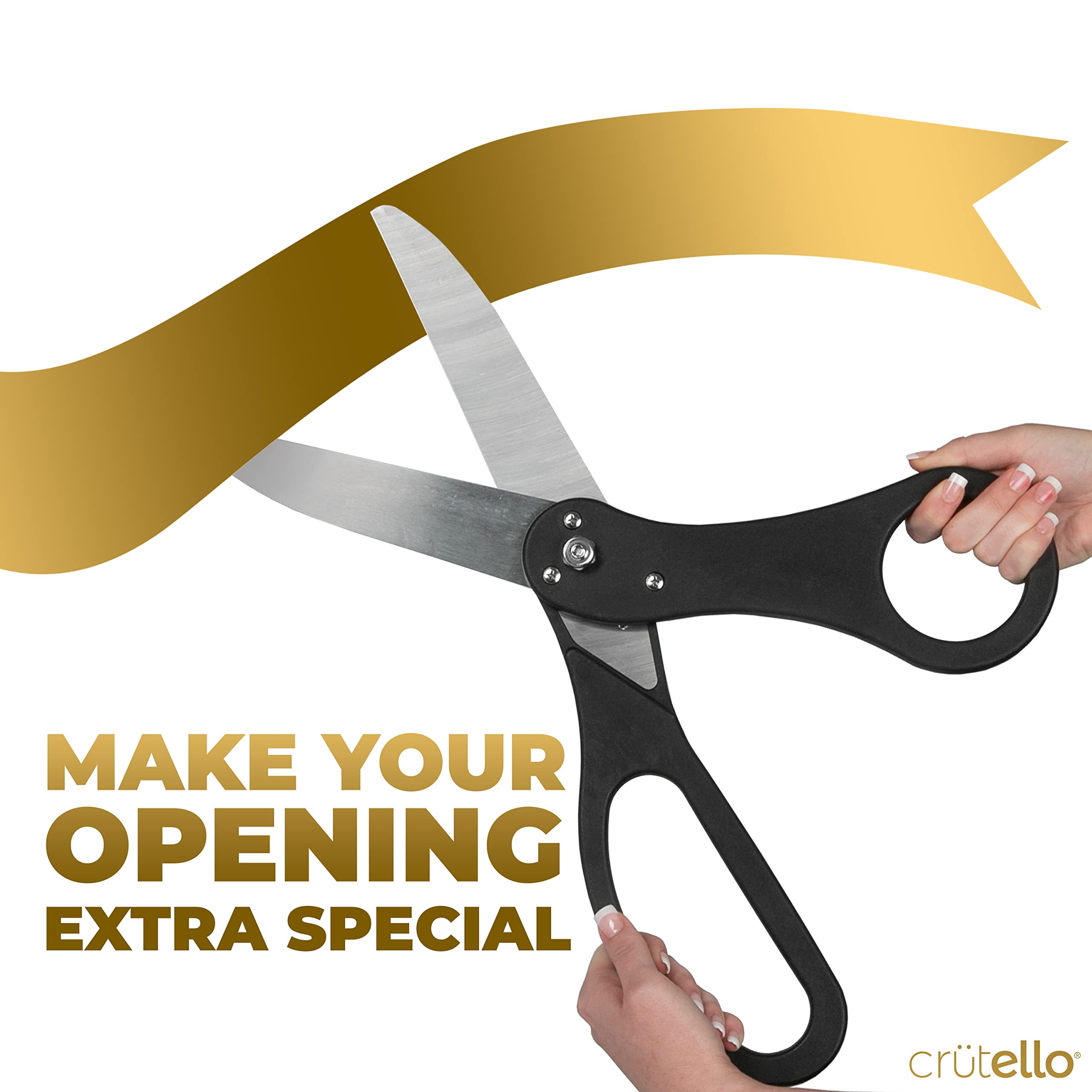 Crutello Giant Ribbon Cutting Ceremony Kit 20" Giant Scissor Set with Sharp, Black Handled Durable XL Scissors, and 30 Feet of Oversized 4" Wide Gold Ribbon