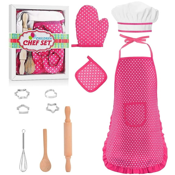 11 Pcs Kids Aprons for Girls Boys, Kids Cooking and Baking Sets, Chef Hat Apron Pretend Play Set for Toddlers Age 3-8, Pink