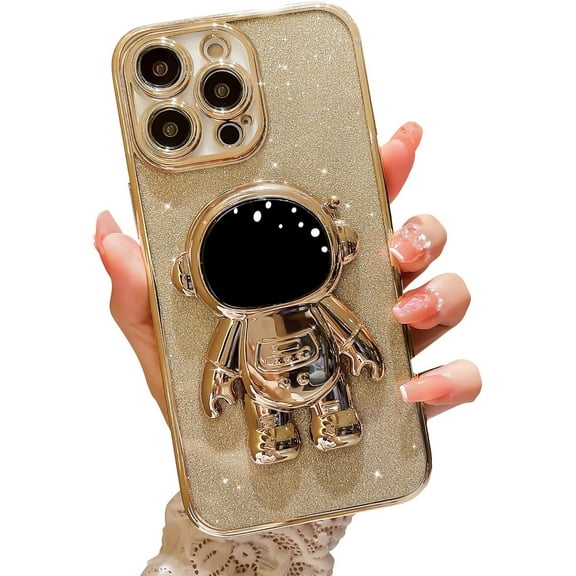 Electroplated for iPhone 14 Pro Max Case for Women Girls Astronaut Hidden Stand Case with Camera Protection Foldable Astronaut Kickstand Phone Case Glitter Soft Protective Case (Gold)