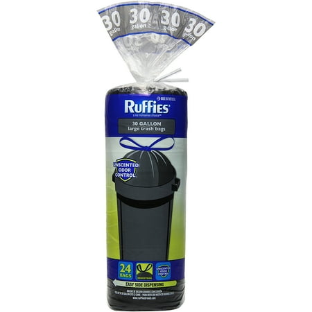 Ruffies Unscented Odor Control Large Drawstring Black Trash Bags, 30 gallon, 24 count