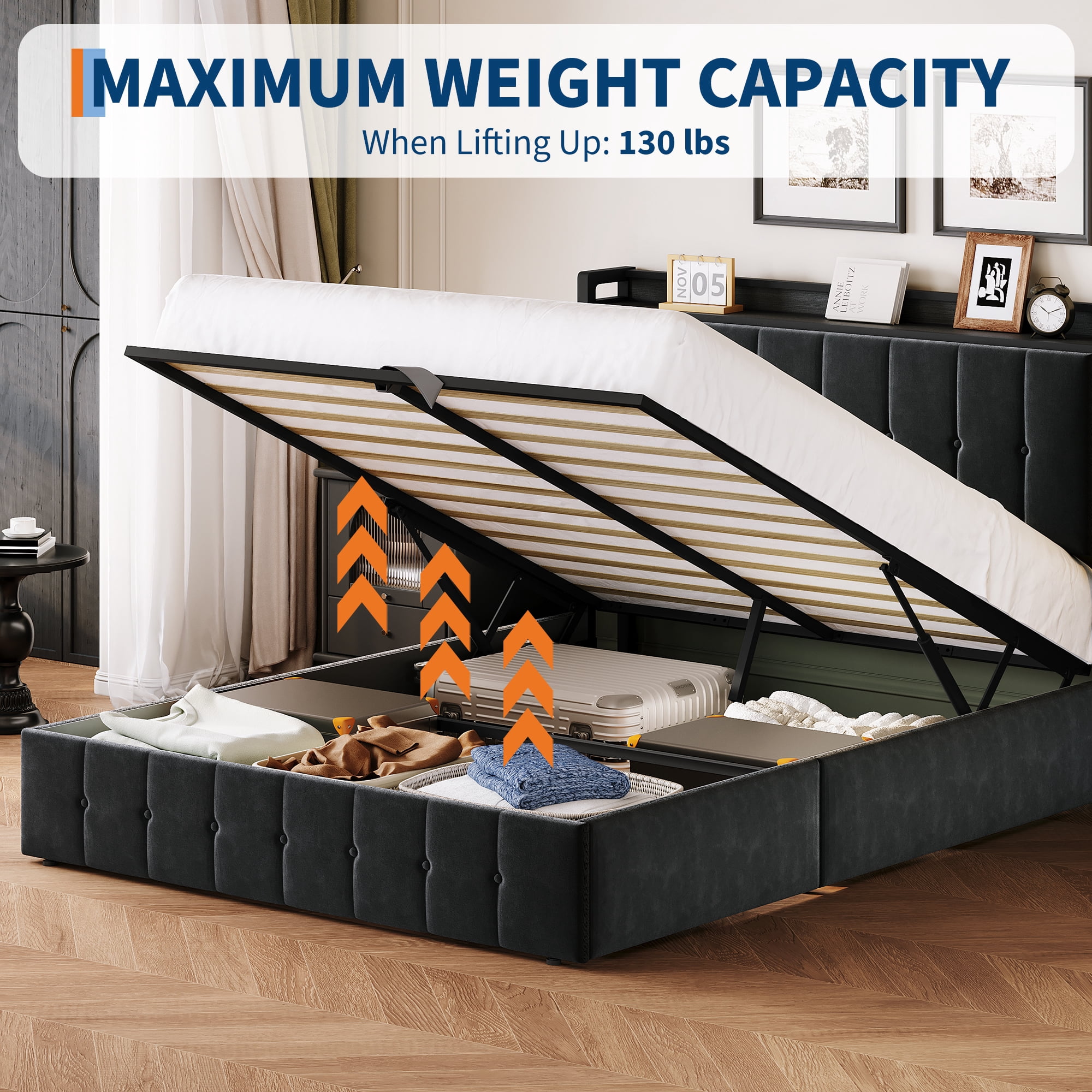 Full Lift Up Storage Bed Frame,Upholstered Platform Bed with Storage Headboard,Hydrualic Underneath Storage,No Box Spring Needed,Easy Assembly