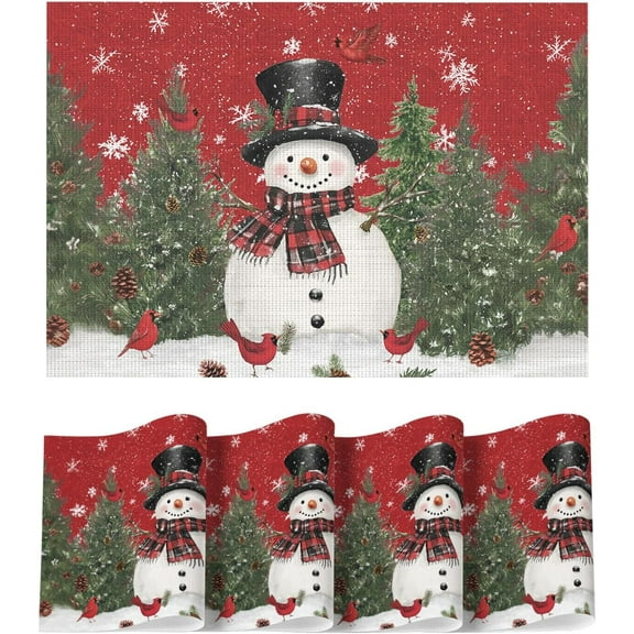 Snowman Trees Winter Floral Vinyl Placemats Set of 4, Wipeable Red Christmas PVC Woven Table Mats for Party Kitchen Dining Decor, 12x18 Inch