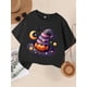 thumbnail image 1 of Halloween T-shirt - Casual Round Neck Top with Witch Hat, Bats, Pumpkins & Stars Print, Soft Knit Fabric, Perfect for Summer & Fall, Halloween Apparel | Playful Print Top | Comfortable Fit, 1 of 6