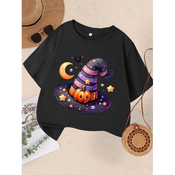 Halloween T-shirt - Casual Round Neck Top with Witch Hat, Bats, Pumpkins & Stars Print, Soft Knit Fabric, Perfect for Summer & Fall, Halloween Apparel | Playful Print Top | Comfortable Fit