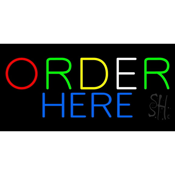 Multicolored Order Here LED Neon Sign 13 x 32 - inches, Clear Edge Cut Acrylic Backing, with Dimmer - Bright and Premium built indoor LED Neon Sign for Bar decor.