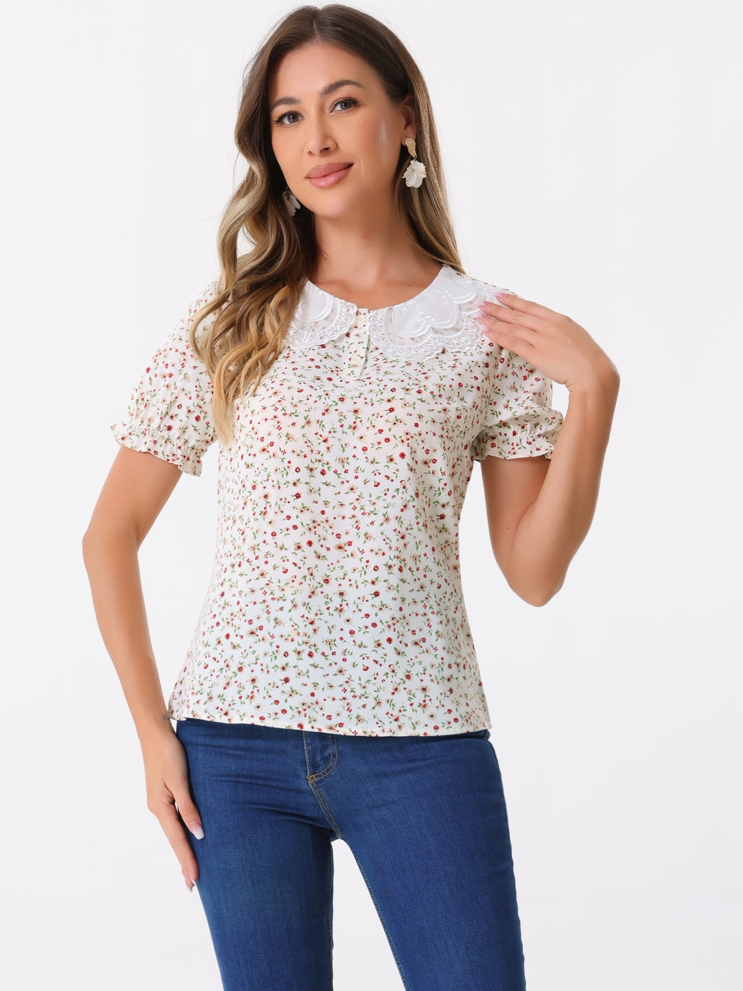 DARING DIVA Women's Ruffled Bubble Short Sleeve Floral Blouse L White