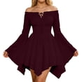 thumbnail image 3 of Womens Halloween Pirate Dresses Off Shoulder Bell Sleeve Mini Dress Irregular Hem Renaissance Costume Spooky Festival Party Wear Outfits, 3 of 6