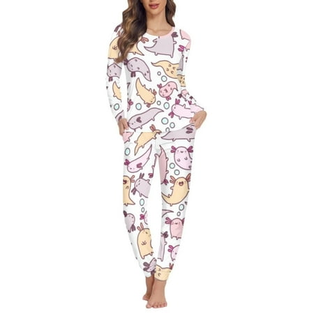 

Renewold Pajamas for Women Lovely Funny Axolotls Print Pajamas Set Cozy Up Lightweight Sleepwear Winter Night Sleep Gift for Ladies Nightwear Size M