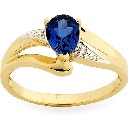 Simply Gold Gemstone 7X5mm Pear-Shaped Created Ceylon Sapphire and Diamond Accents 10kt Yellow Gold Ring, Size 7