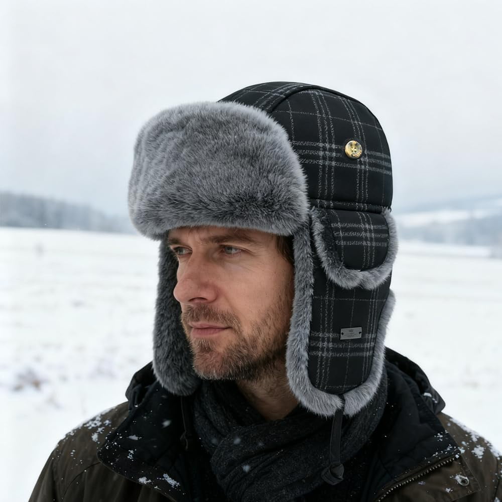 Fur Winter Trapper Hat,Wool Faux Fur Aviator Ski Trapper Trooper Pilot Snow Eskimo Hat with Ear Flaps for Men & Women